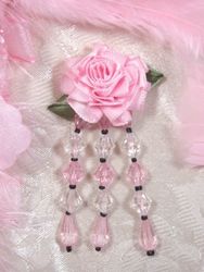 VD7  Pink Black Floral Dangle Beaded Applique 3"-applique,beaded,pink,floral,rose,dangle, 