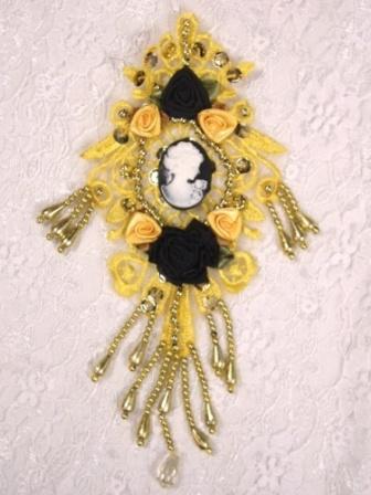 VG31  Gold Black Venise Lace Cameo Applique 7.5"-gold,embellishment,victorian,cameo,applique,venise,lace,venice