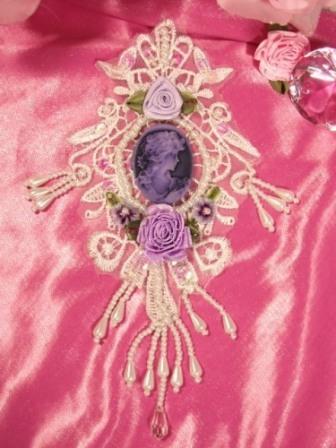 VG36  White Lavender Venise Lace Cameo Applique 7.5"-white,embellishment,lavender,victorian,cameo,applique,venise,lace,venice