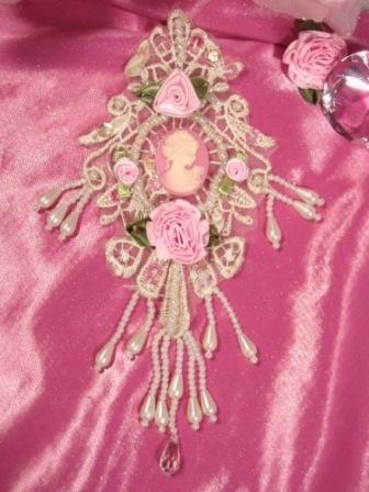 VG37 Ivory Pink Venise Lace Cameo Applique 7.5"-ivory,embellishment,pink,victorian,cameo,applique,venise,lace,venice