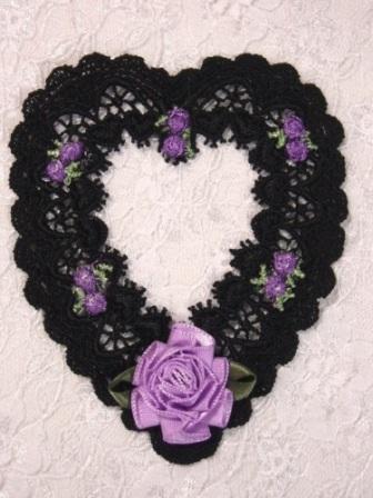 VG41  Black Lavender Picture Frame Venise Lace Heart Applique 4.5"-lavender,black,venise,venice,lace,heart,cameo