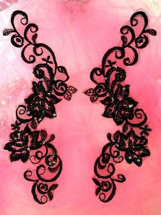 W10  Black Venise Lace Mirror Pair Beaded Sequin Appliques 9"