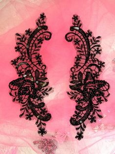 W12  Black Venise Lace Mirror Pair Beaded Sequin Appliques 8"