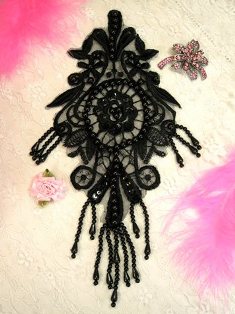 W14  Black Venise Lace Beaded Sequin Applique 10.25"
