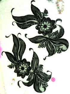 W17  Black Venise Lace Mirror Pair Beaded Sequin Appliques 13"