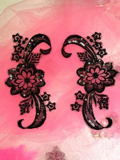 W18  Black Venise Lace Mirror Pair Beaded Sequin Appliques 7"