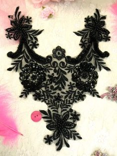 W22  Black Bodice Venise Lace Beaded Sequin Applique 11.5"