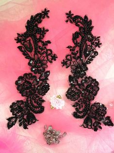 W23 Black Venise Lace Mirror Pair Beaded Sequin Appliques 9"
