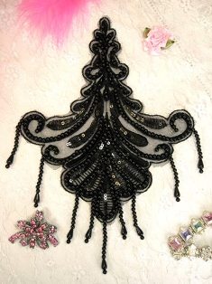 W26 Black Venise Lace Beaded Sequin Applique 9.5"
