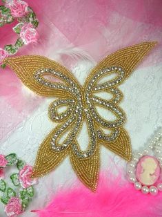 W28 Gold Beaded Crystal Rhinestone Applique 7"