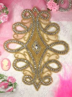 W29 Gold Beaded Crystal Clear Rhinestone Applique  7.5"