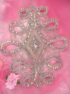 W29 Crystal AB Silver Beaded Rhinestone Applique 7.5"