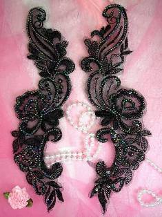 W6  Black AB Venise Lace Mirror Pair Beaded Sequin Appliques 10.75"