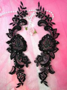 W7  Black AB Venise Lace Mirror Pair Beaded Sequin Appliques 11"