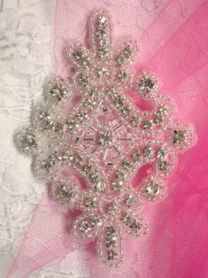 JB18 Crystal Glass Rhinestone / Silver Beaded  Applique 4"
