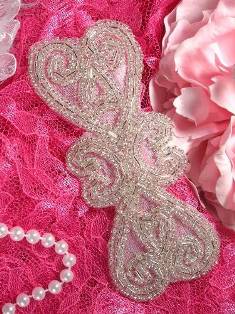XR103 Double Heart Silver Beaded Applique 5"
