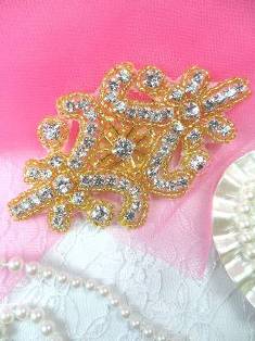 XR15 Gold Beaded Crystal Rhinestone Applique 4"
