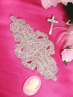 XR25  Aurora Borealis Crystal AB Rhinestone Silver Beaded Applique 6"