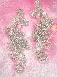 XR27 Crystal Clear Rhinestone Appliques Silver Beaded Mirror Pair 7.5"