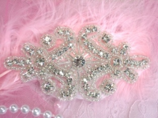 XR41  Silver Glass Crystal Beaded Rhinestone Applique 4"