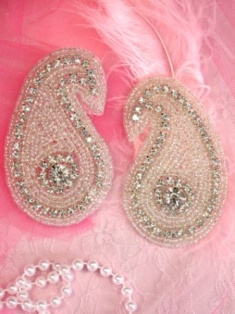 XR42  Paisley Glass Crystal Mirror Pair Beaded Rhinestone Appliques 3.25"