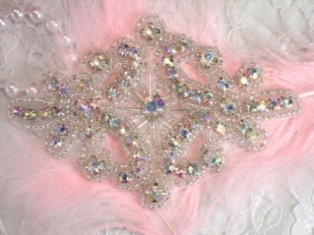 XR45 Silver Beaded Aurora Borealis Crystal AB Rhinestone Applique 4"