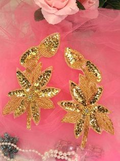 XR51 Gold Floral Mirror Pair Beaded Sequin Appliques 6"