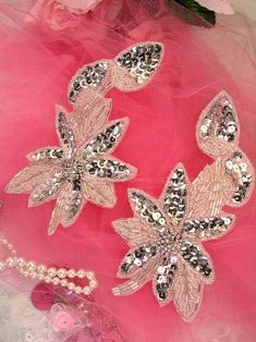 XR51 Silver Floral Mirror Pair Beaded Sequin Appliques 6"