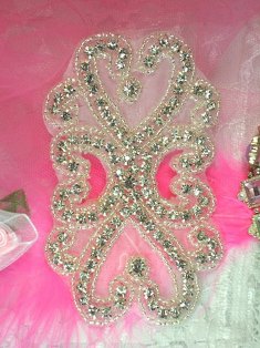 XR52 Crystal Clear Silver Beaded Rhinestone Applique 4"