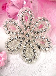 XR65 Crystal Clear Silver Beaded Floral Rhinestone Applique 2.75"