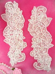 XR79 Crystal Pearl Floral Mirror Pair Beaded Sequin Appliques 6.5"