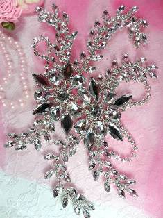 XR83  Silver Crystal Clear Rhinestone Applique Embellishment 9"