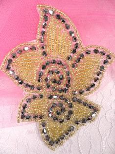 XR86 Gold Champagne Glass Floral Beaded Applique 4.5"