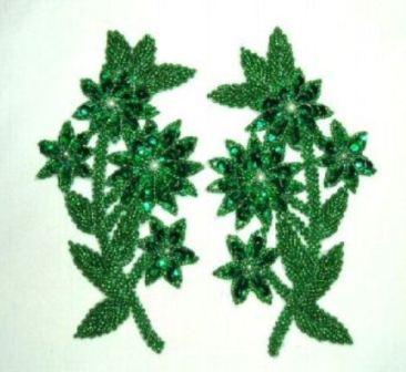 K8125  Green Mirror Pair Sequin Beaded Appliques 6"
