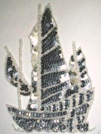 K9300 Silver Ship Sequin Beaded Appliques 7.25"
