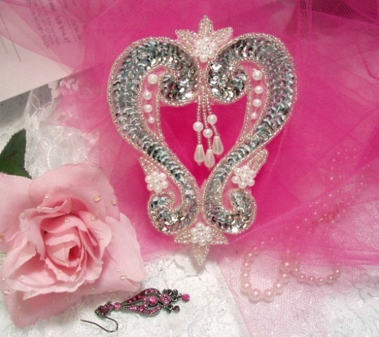 Silver Heart  4" Sequin Beaded Applique  0063