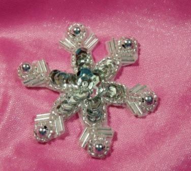 0076  Silver Snowflake Sequin Beaded Applique 2.5"