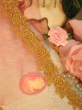 C112 Elegant Gold Metallic Rose Victorian Venice Lace Trim  1"