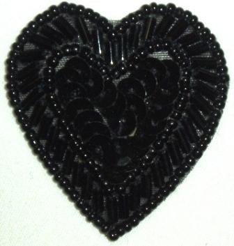 LC311  Black Heart Sequin Beaded Applique  1.75"