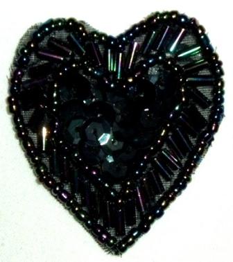 LC311  Black AB Heart Sequin Beaded Applique  1.75"-applique,beaded,black,heart,sequin