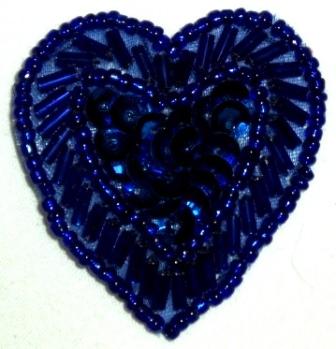 LC311  Blue Heart Sequin Beaded Applique  1.75"-applique,beaded,blue,heart,sequin,royal
