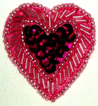 LC311  Fuchsia Heart Sequin Beaded Applique  1.75"-applique,beaded,fuchsia,heart,sequin