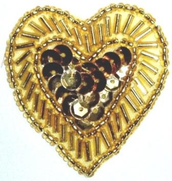 LC311  Gold Heart Sequin Beaded Applique  1.75"-applique,beaded,gold,heart,sequin