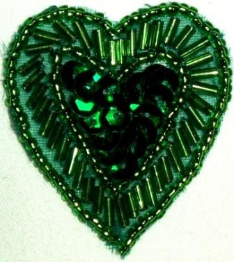 LC311  Green Heart Sequin Beaded Applique  1.75"-applique,beaded,green,heart,sequin