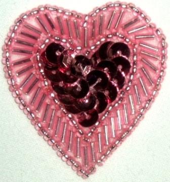 LC311  Mauve Heart Sequin Beaded Applique  1.75"-applique,beaded,mauve,heart,sequin