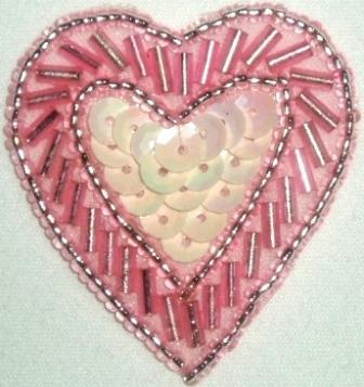 LC311  Pink AB Heart Sequin Beaded Applique  1.75"-applique,beaded,pink,heart,sequin