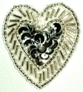 LC311  Silver Heart Sequin Beaded Applique  1.75"-applique,beaded,silver,heart,sequin