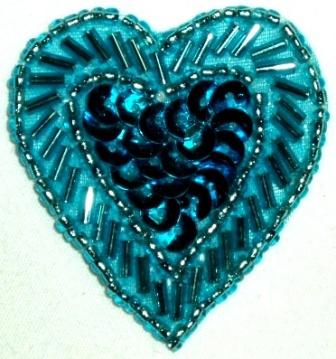 LC311  Turquoise Heart Sequin Beaded Applique  1.75"-applique,beaded,turquoise,heart,sequin
