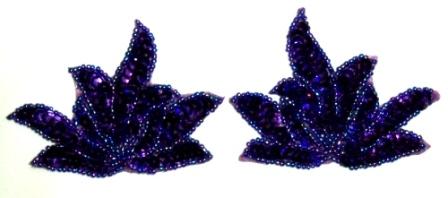 LC349  Royal Blue Leaf Mirror Pair Sequin Beaded Appliques 3.25"-applique,sequin,beaded,blue,royal,butterfly,