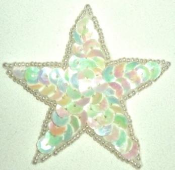 LC354 White AB Star Sequin Beaded Applique  2.5"